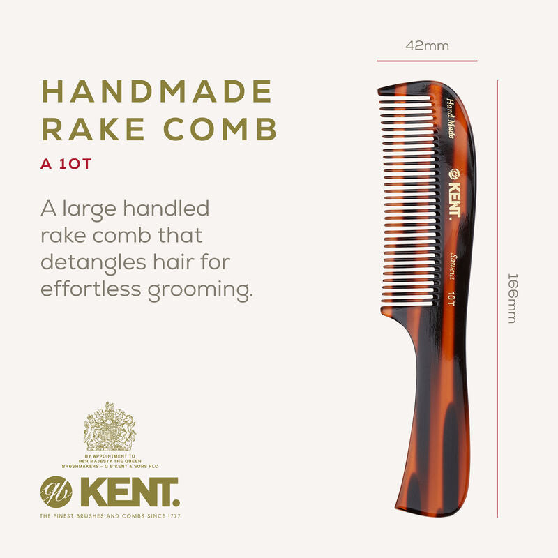 KENT 10T: Handmade 199mm Large Handled Rake Comb – All Hair Types