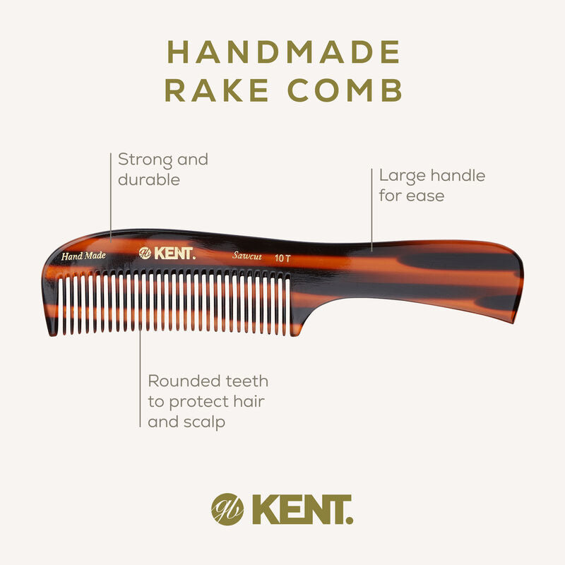 KENT 10T: Handmade 199mm Large Handled Rake Comb – All Hair Types