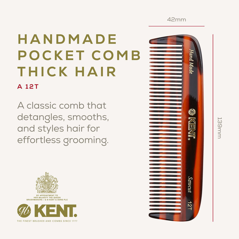 KENT 12T: Handmade 139mm Pocket Comb – All Coarse Teeth for Thick Hair