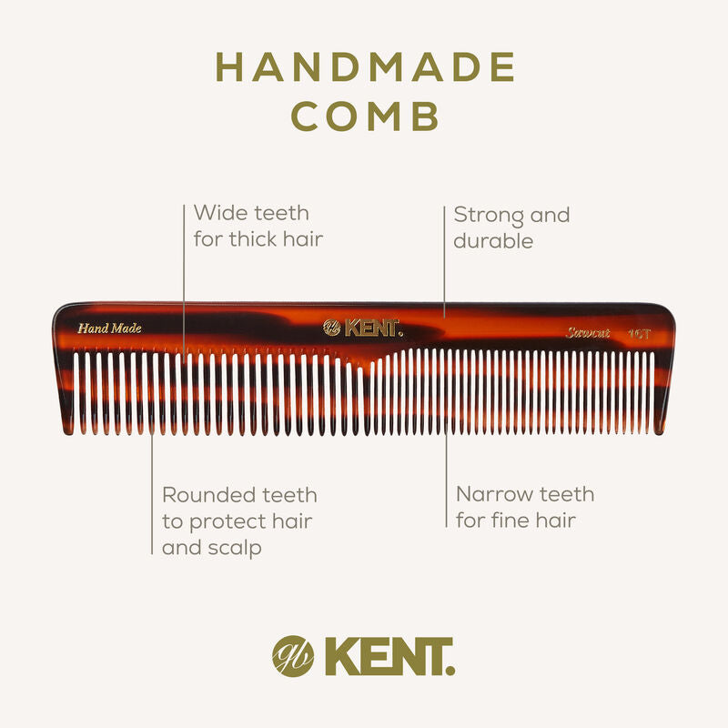 KENT 16T: Handmade 185mm Dressing Table Comb – Thick/Fine Hair