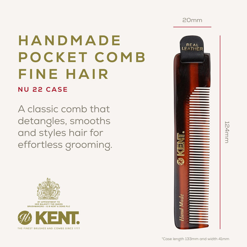 KENT NU22 Handmade Pocket Comb 112mm with Leather Case | หวีพกแฮนด์เมดพร้อมซองหนังแท้