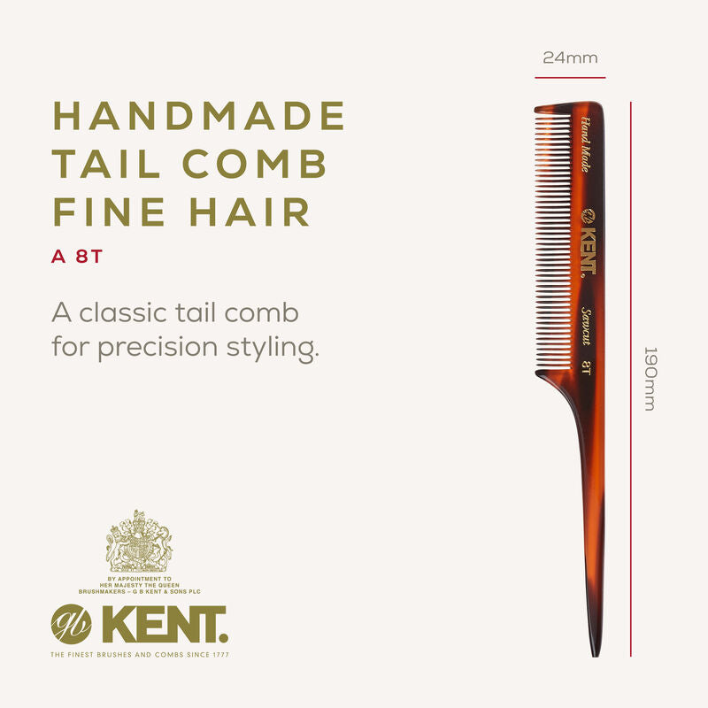 KENT 8T Handmade Tail Comb 190mm – Fine Tooth Side Part Comb | Made in England(Side Part) หวีแสก