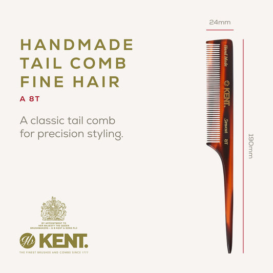 KENT 8T Handmade Tail Comb 190mm – Fine Tooth Side Part Comb | Made in England(Side Part) หวีแสก