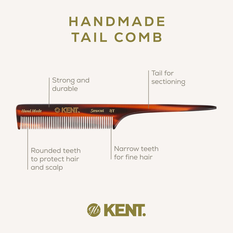 KENT 8T Handmade Tail Comb 190mm – Fine Tooth Side Part Comb | Made in England(Side Part) หวีแสก
