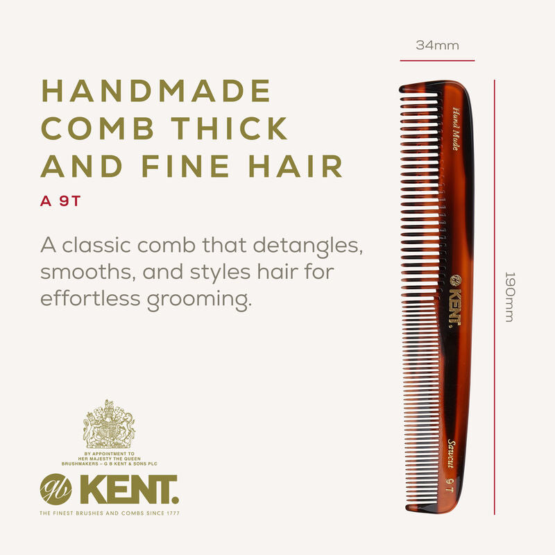 KENT 9T: Handmade 190mm Dressing Table Comb Thick/Fine Hair