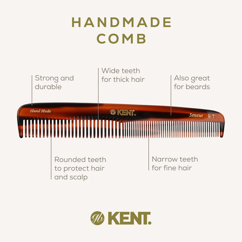 KENT 9T: Handmade 190mm Dressing Table Comb Thick/Fine Hair