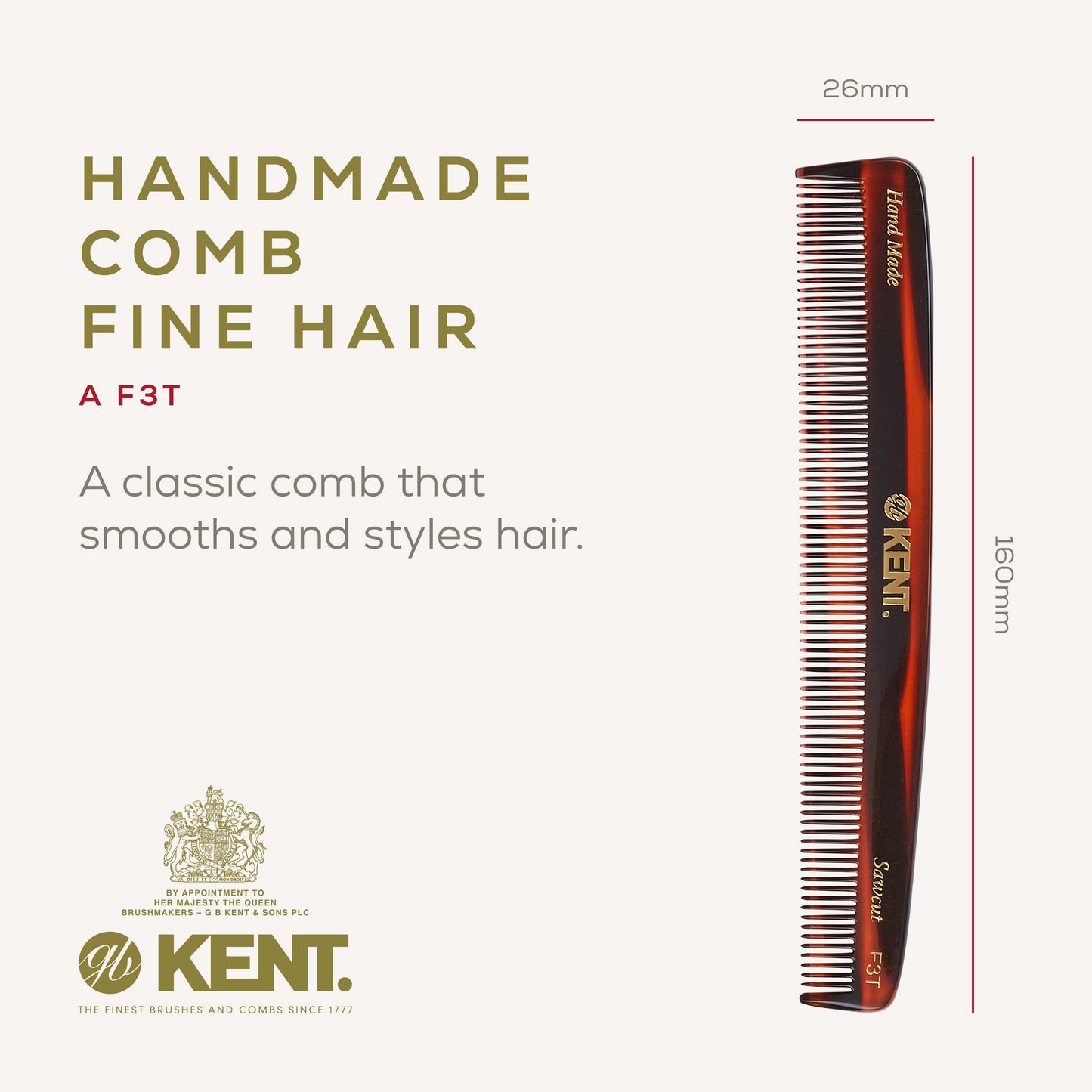 KENT F3T: Handmade 160mm Dressing Comb – All Fine Teeth for Fine Hair