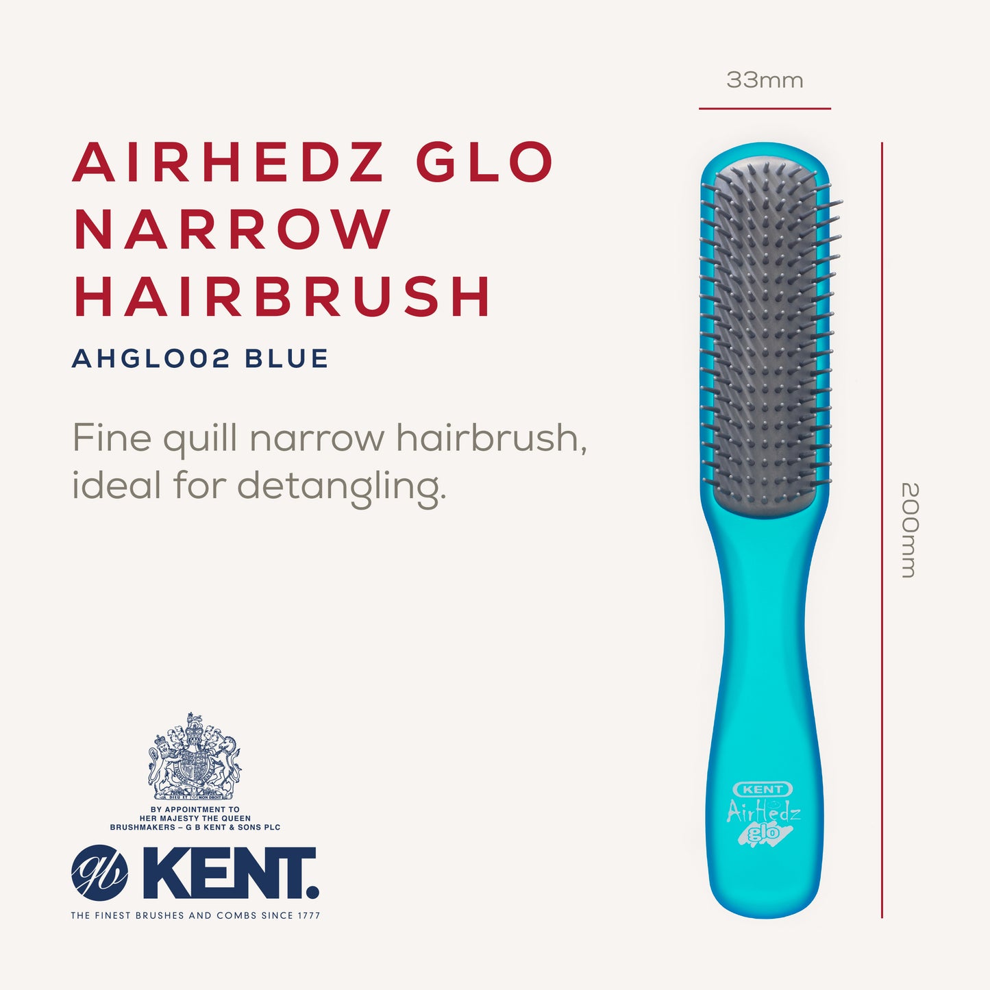 KENT AirHedz Glo Narrow Detangling Brush แปรงหวีผมสำหรับผมสั้น ไม่มีไฟฟ้าสถิตย์ จากอังกฤษ