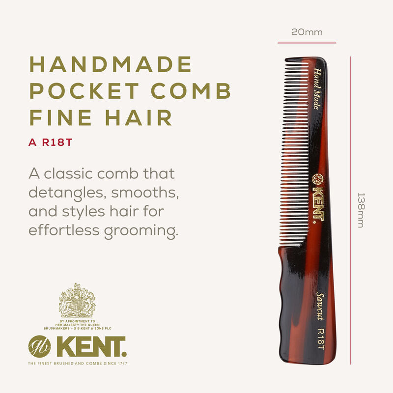 KENT R18T: Handmade 138mm Pocket Comb with Thumb Grip – Fine & Thinning Hair